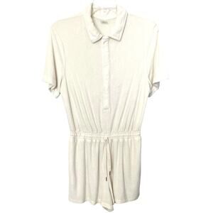 CALIA SHORT SLEEVE SNAP FRONT HI-RISE ROMPER, WOMENS, XL, IVORY, POINTED COLLAR